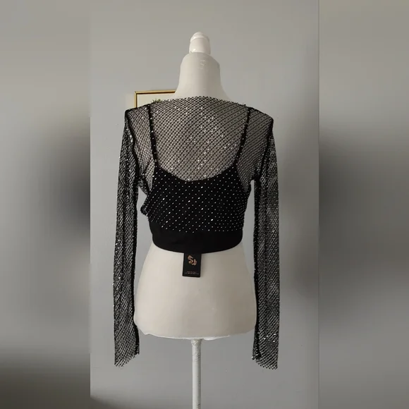 Sincerely Jules Crop top Mesh  Black Shiny Style Sexy  2 Piece New    Medium - Picture 5 of 10